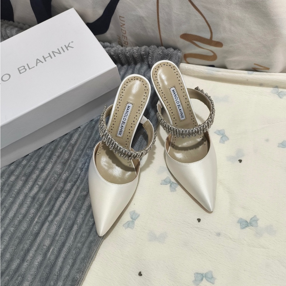 Manolo Blahnik Ivory Crystal-Strap Pointed-Toe Mules